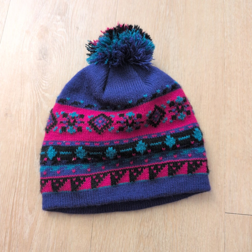 Vintage Fair Isle Knit Beanie Pom Pom Winter Hat Purple Magenta Teal Geometric